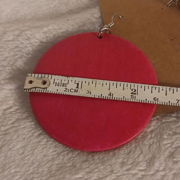 Pink Round Wooden Pierced Earrings - Picture 2 of 4